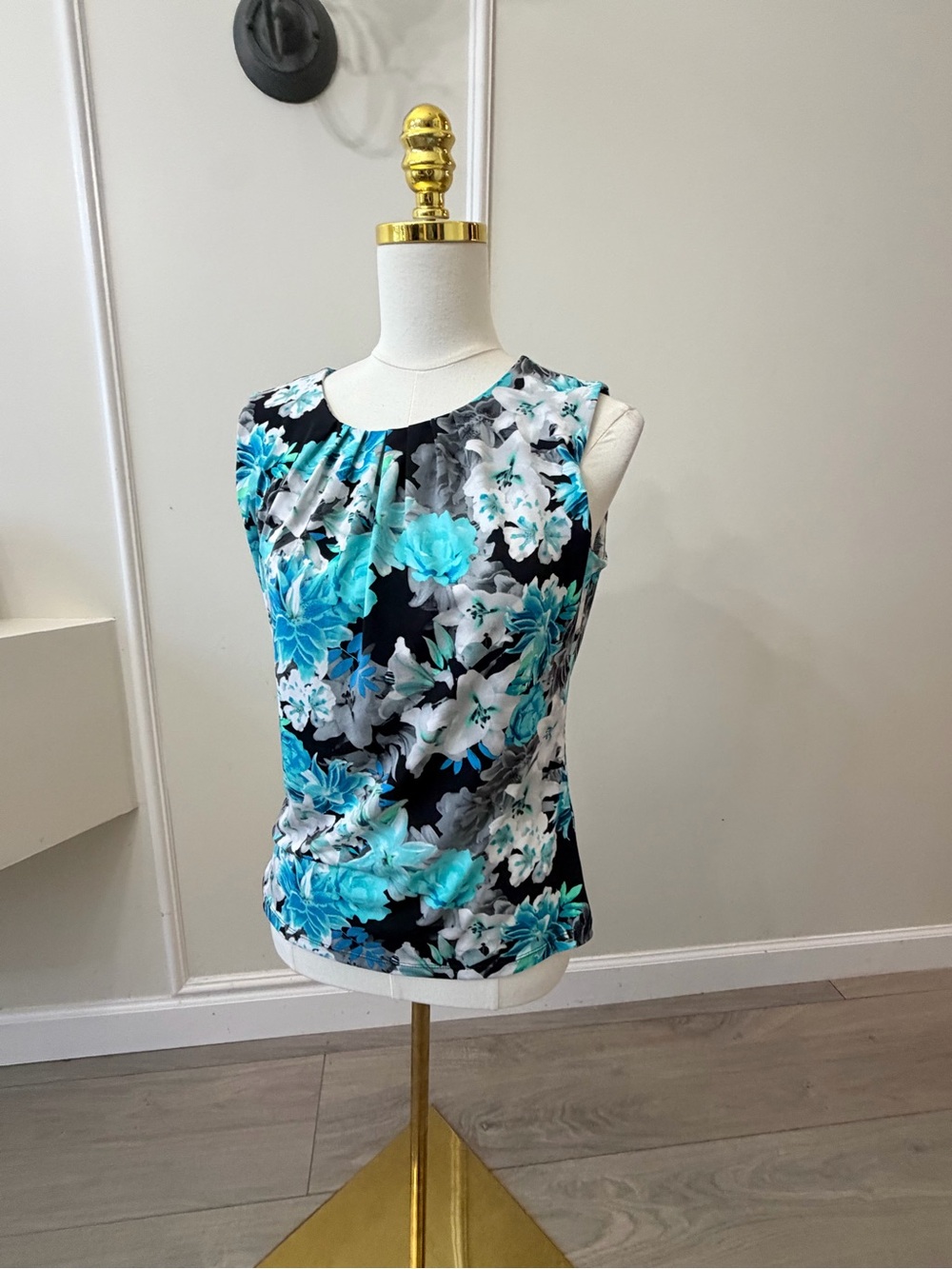 Calvin Klein Black, Teal and White Floral Pleated Neck Camisole